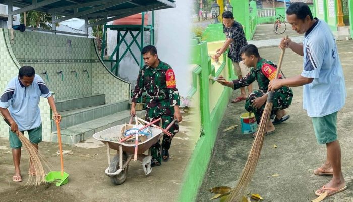 Babinsa Bersama Pengurus Masjid Gelar Kerja Bakti Sambut Ramadhan