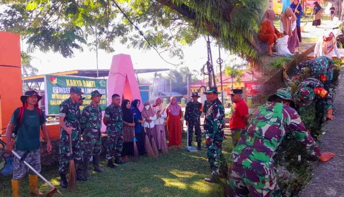 Tingkatkan Kebersihan, Koramil Atinggola dan Warga Gotong Royong Sambut HUT ke-80 TNI