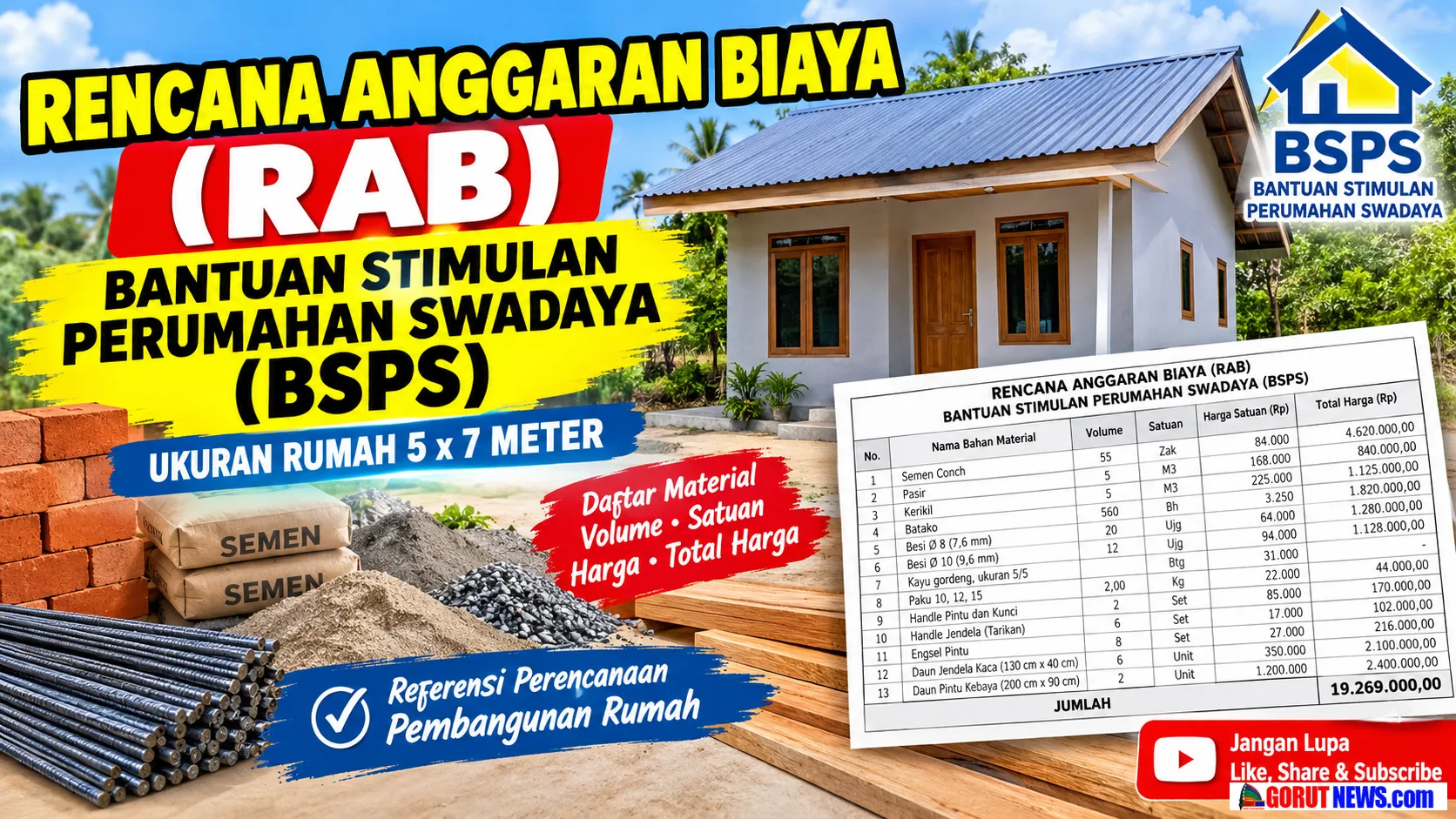 RAB BSPS 2026 Rumah 5×7 Meter Lengkap dengan Daftar Material